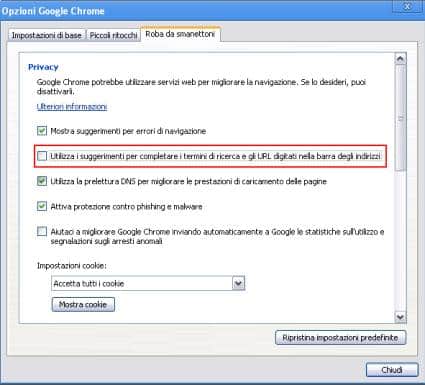 opzioni google chrome